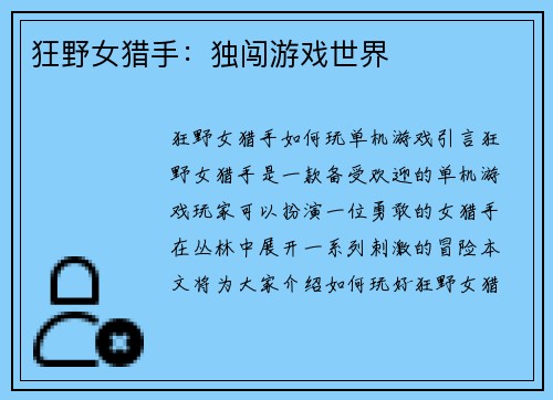 狂野女猎手：独闯游戏世界